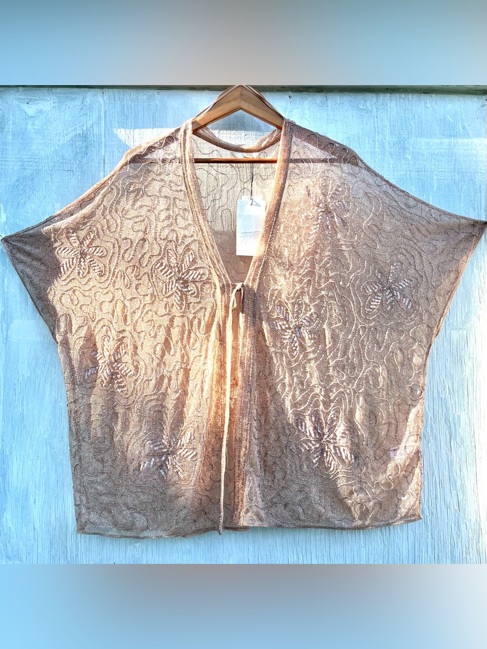 Zara Sequin Beaded Embroidered Kimono Blouse Kaftan Sheer Beige Pink Med - Large - Picture 9 of 16